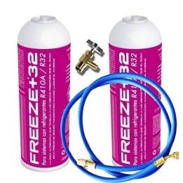 2 Botellas Gas Refrigerante Freeze +32 350Gr + Valvula + Manguera Organico Sustituto R32/R410A