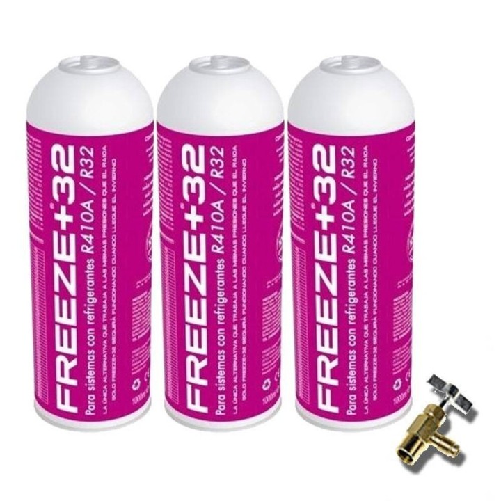 3 Botellas Gas Refrigerante Freeze +32 350Gr + Valvula Organico Sustituto R32/R410A