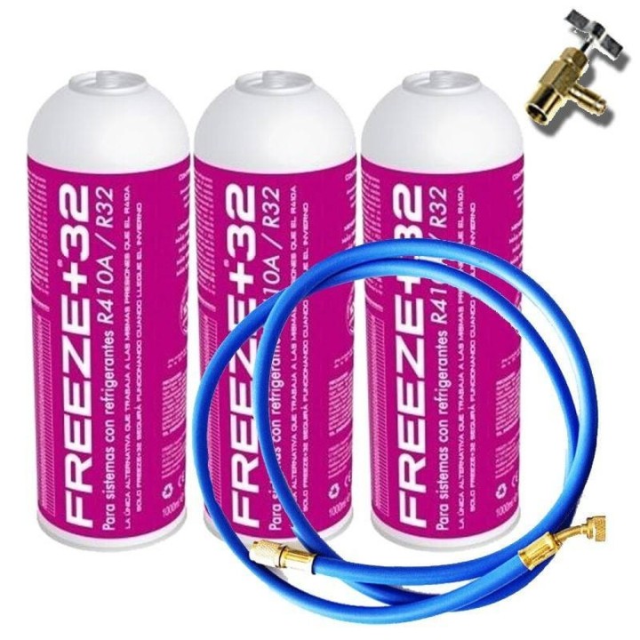 3 Botellas Gas Refrigerante Freeze +32 350Gr + Valvula + Manguera Organico Sustituto R32/R410A