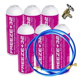 6 Botellas Gas Refrigerante Freeze +32 350Gr + Valvula + Manguera Organico Sustituto R32/R410A