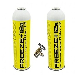 2 Botellas Gas Refrigerante Freeze 420Gr + Valvula Organico Sustituto R12/R134A