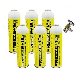 6 Botellas Gas Refrigerante Freeze 420Gr + Valvula Organico Sustituto R12/R134A