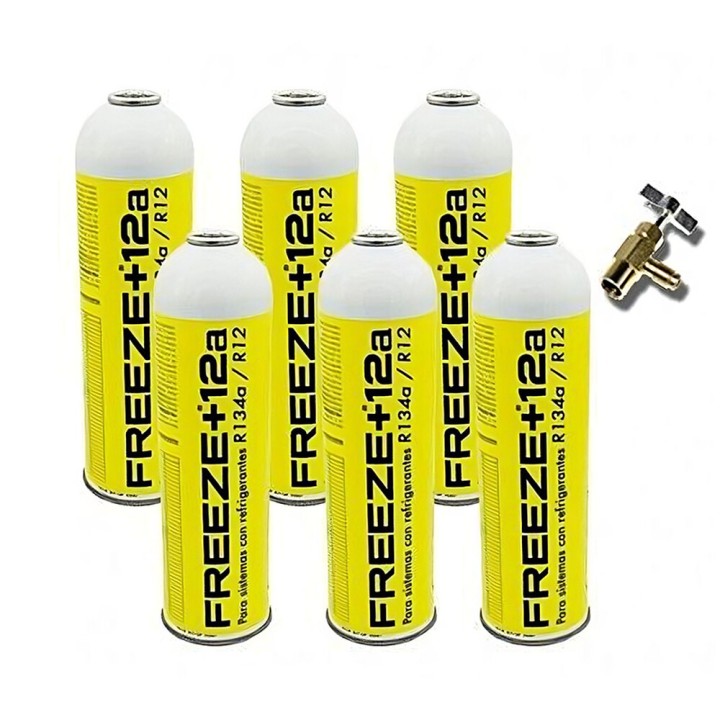 6 Botellas Gas Refrigerante Freeze 420Gr + Valvula Organico Sustituto R12/R134A