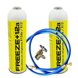 2 Botellas Gas Refrigerante Freeze 420Gr + Valvula + Manguera Organico Sustituto R12/R134A