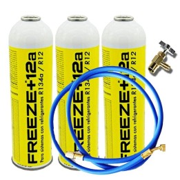 3 Botellas Gas Refrigerante Freeze 420Gr + Valvula + Manguera Organico Sustituto R12/R134A