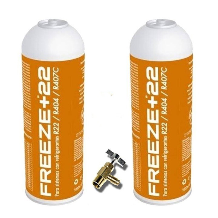 2 Botellas Gas Refrigerante Freeze +22 400Gr + Valvula Organico Sustituto R22/R404/R407C/