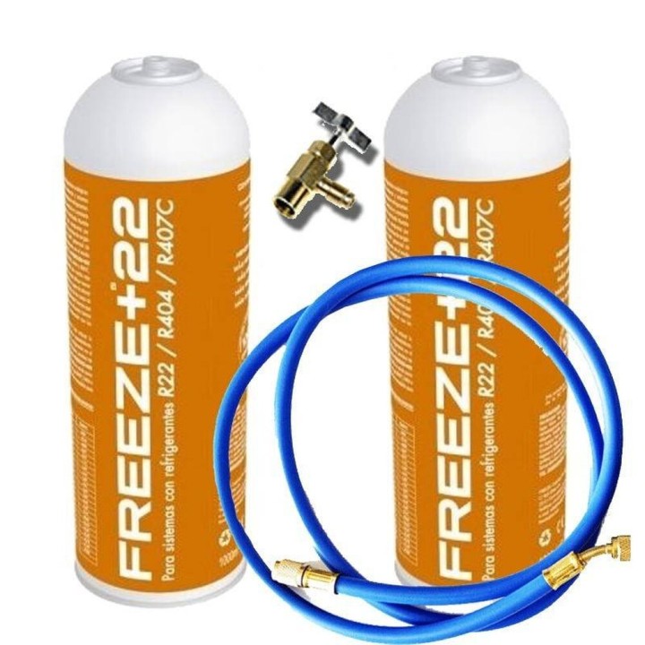 2 Botellas Gas Refrigerante Freeze +22 400Gr + Valvula + Manguera Organico Sustituto R22/R404/R407C/