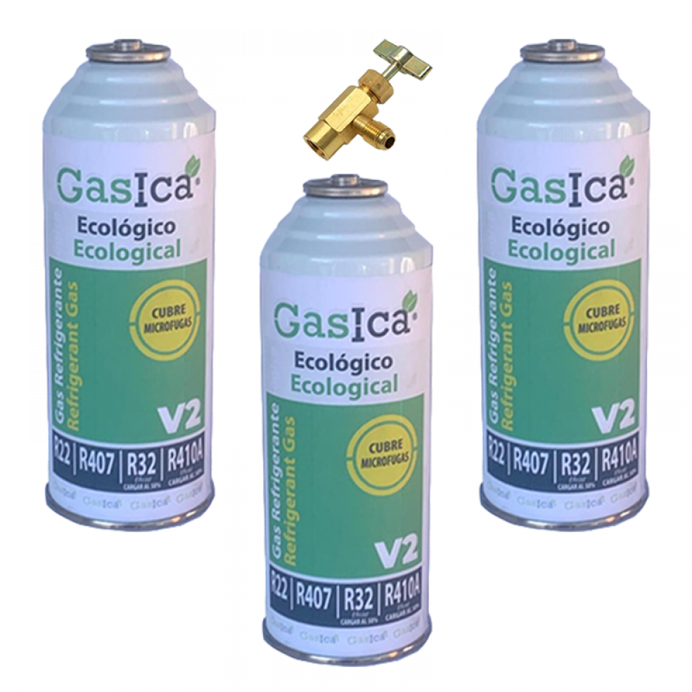 3 Botellas Gas Ecologico Gasica V2 226Gr + Valvula Sustituto R22, R32, R407C, R410A Freeze Organico