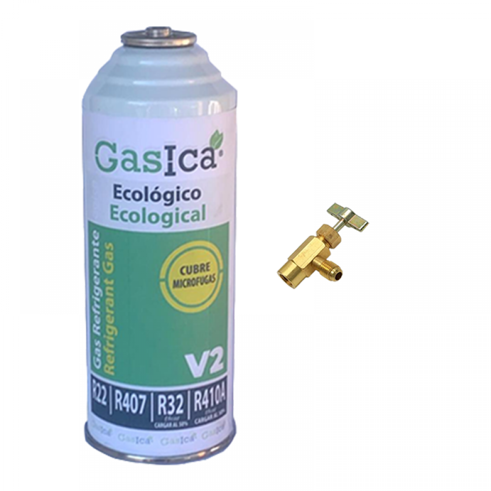 1 Botella Gas Ecologico Gasica V2 226Gr + Valvula Sustituto R22, R32, R407C, R410A Freeze Organico