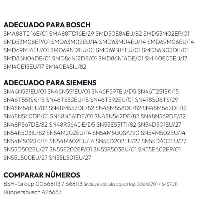 Tubo Entrada Aquastop Lavavajillas compatible con Bosch 668113