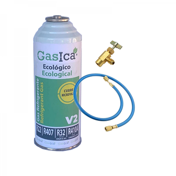 1 Botella Gas Ecologico Gasica V2 226Gr + Valvula + Manguera Sustituto R22, R32, R407C, R410A Freeze Organico
