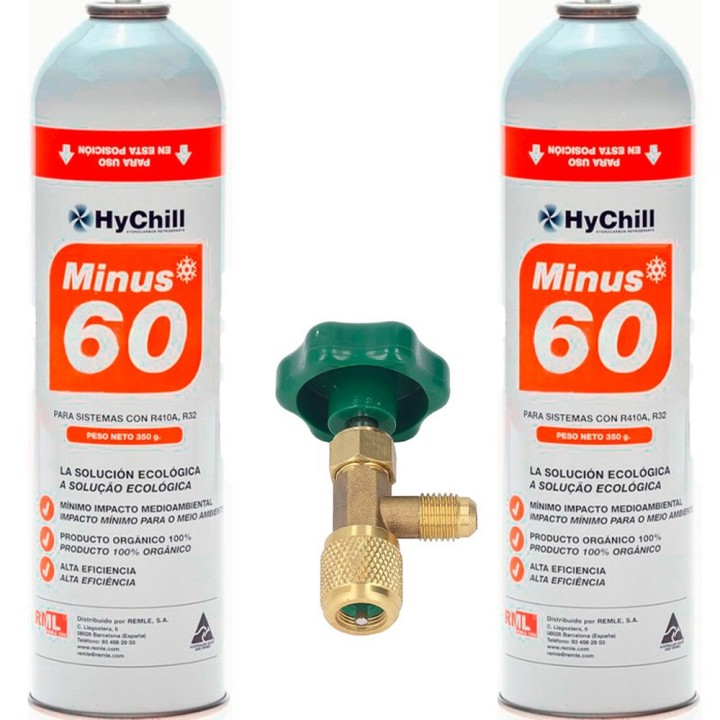 2 Botellas Gas Ecologico Minus 60 350Gr + Valvula Sustituto R32, R410A Freeze Organico