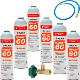 6 Botellas Gas Ecologico Minus 60 350Gr + Valvula + Manguera Sustituto R32, R410A Freeze Organico