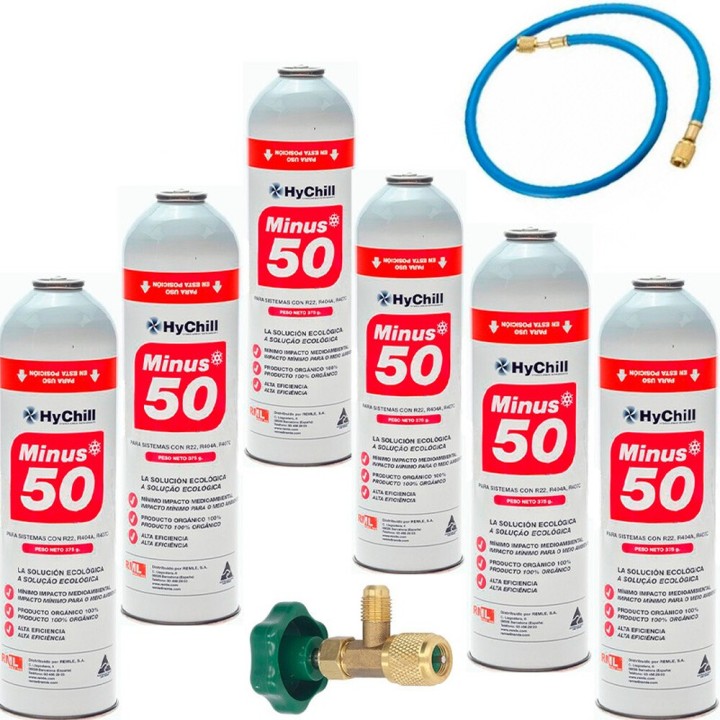 6 Botellas Gas Ecologico Minus 50 375Gr + Valvula + Manguera Sustituto R22 R404a R407C R502 Freeze Organico